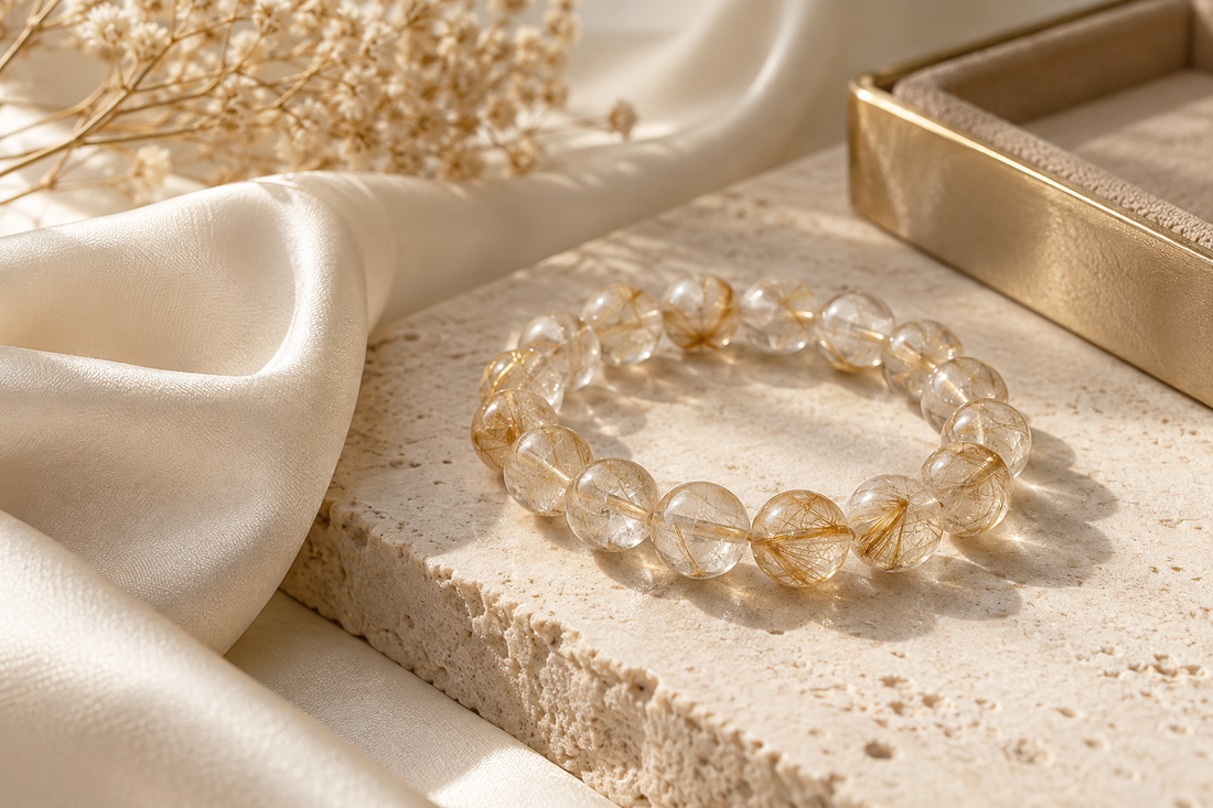 Golden rutilated quartz bracelet meaning guide by SoftLumina