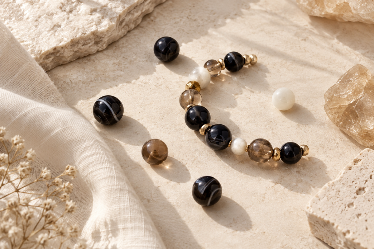 Black agate mixed stone bracelet styling editorial by SoftLumina