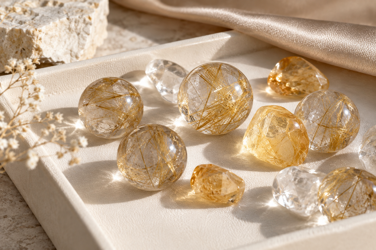 Golden rutilated quartz mixed stone styling editorial by SoftLumina